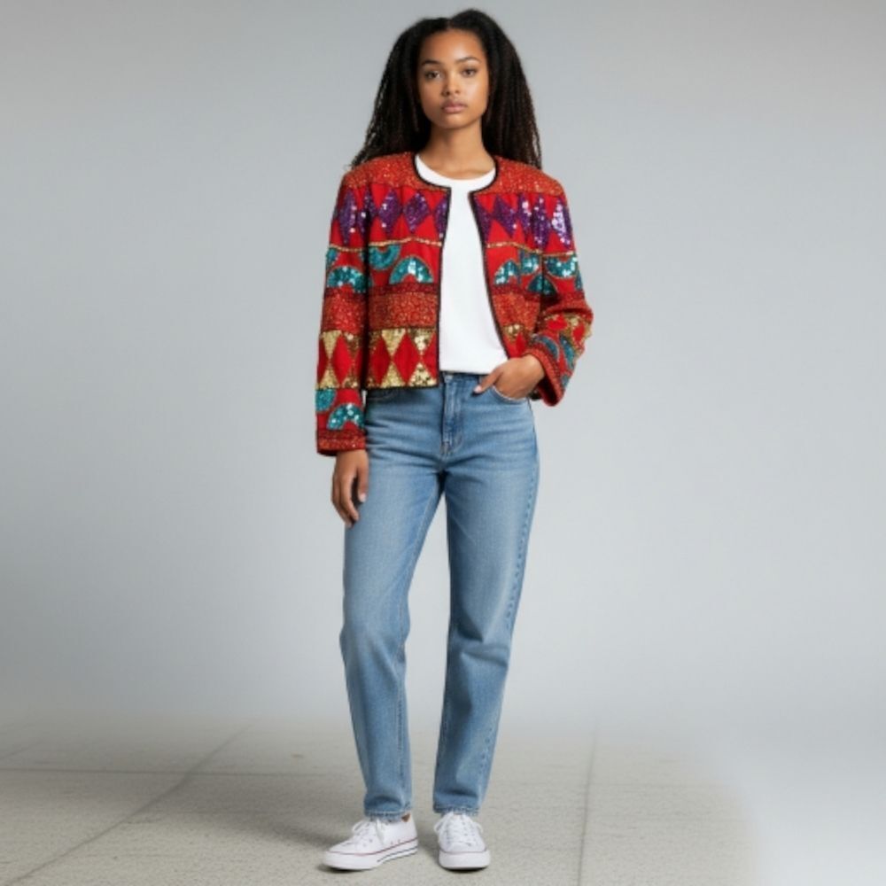 Vintage Red and Rainbow Pattern Sequin Jacket